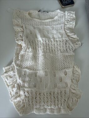 Mango Cream Knit Eyelet Ruffle Sleeve Top